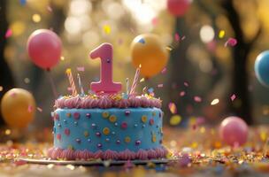 Colorful one-year birthday cake with balloons and confetti in a festive outdoor setting photo