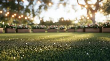 Lush green lawn with warm sunlight and decorative lights in a garden setting photo