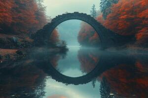 Serenity of autumn reflections at a stone arch bridge in a misty landscape photo