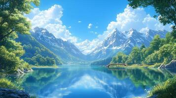 Majestic mountain landscape with clear blue lake and vibrant greenery under a sunny sky photo
