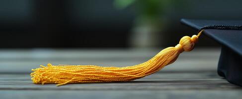 Graduation tassel in gold color resting on wooden table background in bright light photo