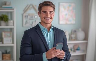 Confident young man in a suit using smartphone in modern interior setting photo