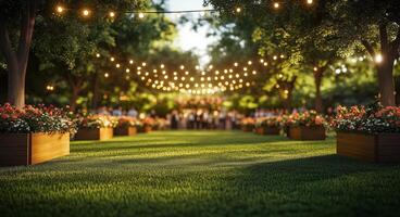 Beautiful garden setting with string lights and floral arrangements during a summer gathering photo