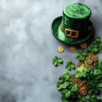 Decorative green hat with coins and clover leaves for St Patrick's Day celebration photo
