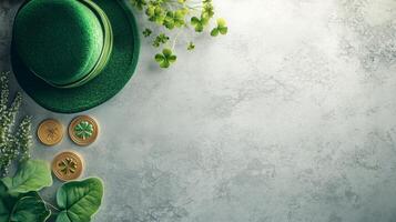 Green hat and shamrock decorations for St Patrick's Day celebration in a festive setting photo