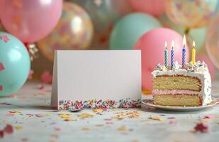 Colorful birthday celebration with cake, balloons, and festive decorations in a cheerful atmosphere photo