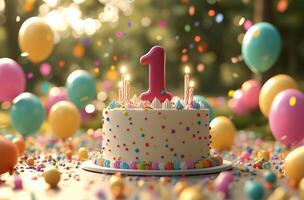 Colorful birthday celebration for a child's first year with decorations and cake photo