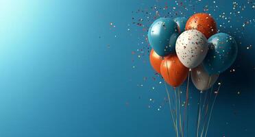 Colorful balloons with confetti against a blue background for a festive celebration photo