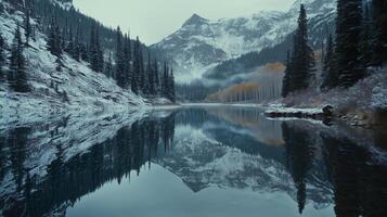 Majestic mountain landscape reflecting in calm lake surrounded by evergreen trees during winter photo