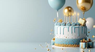 Birthday cake with blue and gold decorations alongside balloons and gifts for a special celebration photo