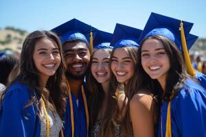 Friends celebrate graduation together under sunny skies at a university campus photo