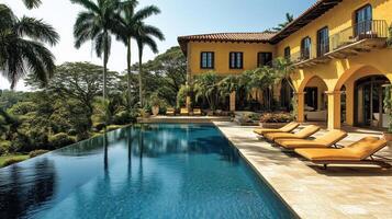 Luxurious villa with infinity pool and palm trees in tropical setting during bright sunny day photo