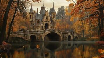 Autumn reflection of a castle surrounded by colorful trees in a serene landscape photo
