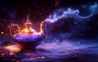 Magical teapot releasing colorful smoke in an enchanting atmosphere with vibrant lighting photo