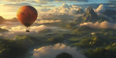 Hot air balloon floats above mountains in early morning light over misty landscape photo