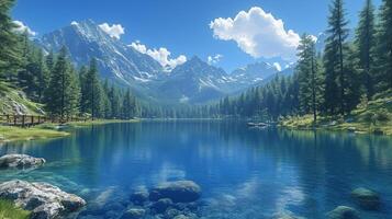 Tranquil mountain lake surrounded by lush trees under a clear blue sky photo