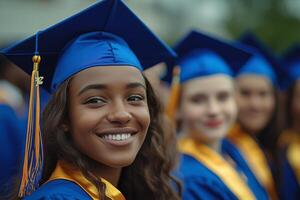 Celebration of graduation with students wearing blue caps and gowns in outdoor ceremony setting photo