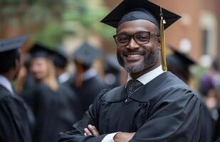 Celebrating graduation with a proud smile during the ceremony in an outdoor setting photo