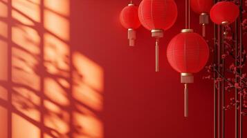 Red lanterns hanging in a cozy interior creating a warm atmosphere during lunar new year celebrations photo