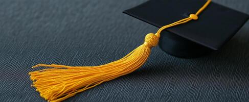 Graduation cap with bright yellow tassel resting on dark textured surface for celebration photo