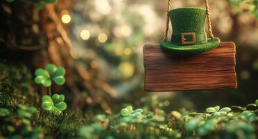 Leprechaun hat and wooden sign surrounded by clovers in a magical forest photo