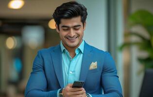 Young man in smart suit smiling while using smartphone in modern office setting photo
