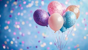 Colorful balloons with confetti against a blue background during a festive celebration photo