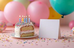Celebrate with a vibrant birthday cake and colorful balloons at a festive gathering photo