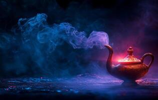Magical lamp with glowing smoke in a mystical atmosphere at night photo