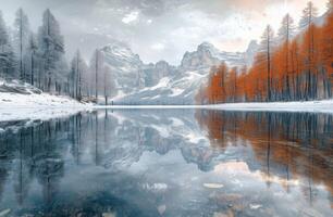 Mountain landscape with colorful fall trees reflecting in calm lake during early morning light photo