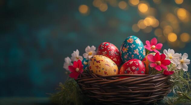 Colorful Easter eggs arranged in a wicker basket with flowers and bokeh background during spring celebration photo