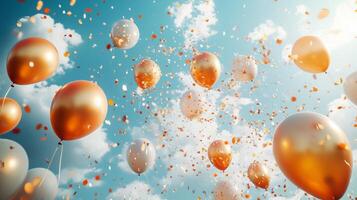 Celebration with floating orange and white balloons against a bright blue sky with scattered confetti photo