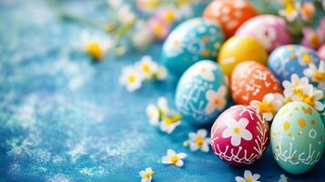 Colorful decorated Easter eggs arranged with flowers on a blue surface during springtime celebration photo