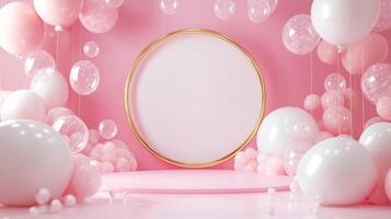 Pink balloon decorations create a vibrant backdrop for an event or celebration setup photo