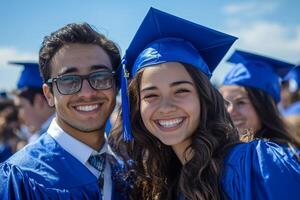 Graduation ceremony brings joy to students wearing blue caps and gowns in a sunny outdoor setting photo