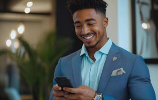 Professional man smiles while using smartphone in modern office setting during work hours photo