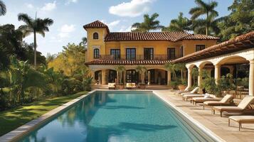 Elegant villa with pool surrounded by lush greenery in a sunny tropical setting photo
