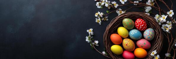 Easter eggs in a basket surrounded by blooming flowers on a dark background photo