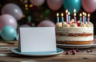 Sweet celebration with birthday cake and blank card for personal message photo