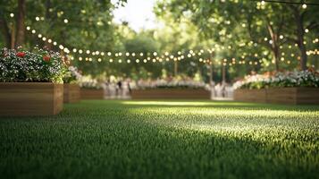 Beautiful garden setting with flowers and string lights in a lively outdoor space photo