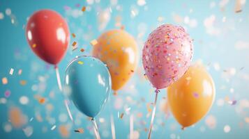 Colorful balloons and confetti create a festive atmosphere for a celebration at a party photo