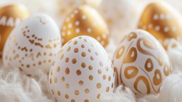 Decorative white and gold Easter eggs arranged on soft material for celebration and spring festivities photo