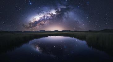 Stunning starry night sky reflecting in still water at a serene lakeshore photo