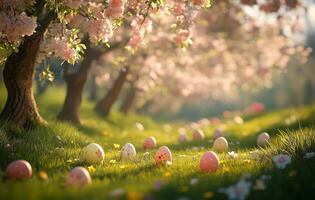 Springtime celebration with blooming trees and colorful eggs in a serene outdoor setting photo