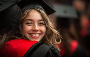 Happy graduate smiling after receiving diploma during ceremony on sunny day in outdoor setting photo