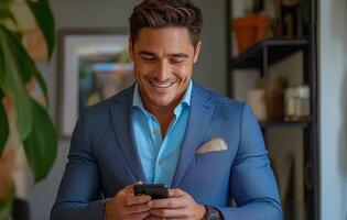 Smiling man in a blue suit checks phone while standing indoors photo