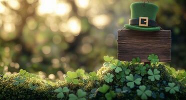 Leprechaun hat on wooden sign surrounded by clovers in bright green landscape during sunny day photo