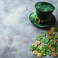 Green leprechaun hat with gold coins and shamrocks for St Patrick's Day celebration photo