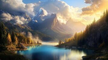 Breathtaking view of mountains and lake during golden hour in a serene natural landscape photo