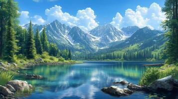 Serene mountain lake reflecting clouds and greenery on a sunny day photo